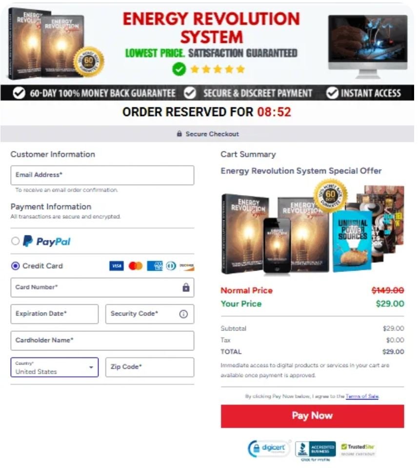 Energy Revolution System checkout page screenshot